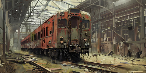 廃棄された電車車両の風景 - obrazy, fototapety, plakaty