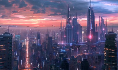 Futuristic smart city skyline at twilight - obrazy, fototapety, plakaty