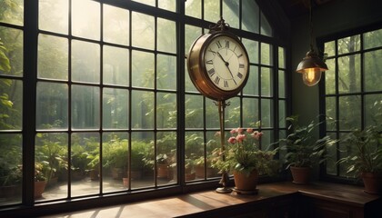 A vintage hanging wall clock overlooks a vibrant conservatory with lush greenery basking in soft sunlight.