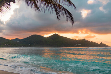 picturesque bright sunset landscape beach in Seychelles, natural background
