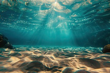 Underwater shot of the ocean floor with sunlight streaming through the water. - obrazy, fototapety, plakaty