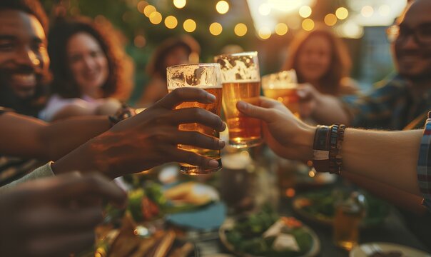 Group of multi ethnic friends having backyard dinner party together. Diverse young people sitting at table toasting beer glasses in brewery pub garden. Happy hour, youth concept. generative AI