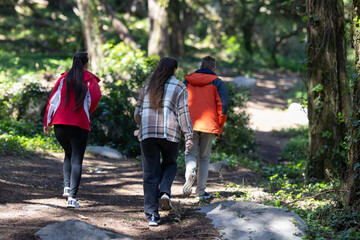 Three young friends Walking Down a Path in the Woods