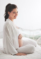 Pregnant, woman or smile in bed, maternity or dream of health, wellness or vision of peace in home. Pregnancy, mama or thinking of rest to imagine, future or motherhood as idea of maternal comfort
