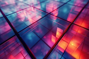 Interlocking, metallic rectangles in a captivating blend of dark sky-blue and light crimson hues, rendered in a realistic perspective with layered complexity and light effects - obrazy, fototapety, plakaty