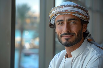 Portrait of a man in traditional Arab attire with a white headscarf and a warm smile in a soft-lit setting - obrazy, fototapety, plakaty