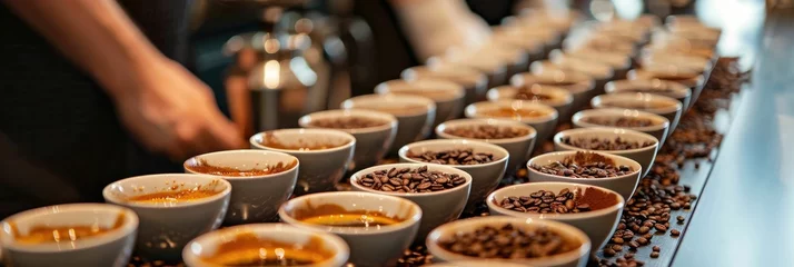 Zelfklevend Fotobehang Artisanal Coffee Cupping Ritual Evaluating Aroma Flavor and Texture for Discerning Coffee Connoisseurs © Intelligent Horizons