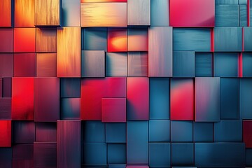 Interlocking, metallic rectangles in a captivating blend of dark sky-blue and light crimson hues, rendered in a realistic perspective with layered complexity and light effects