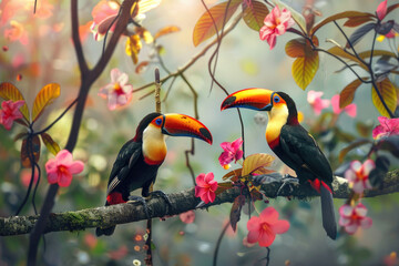 Fototapeta premium Two toucans perched on tree branches, with colorful beaks and feathers