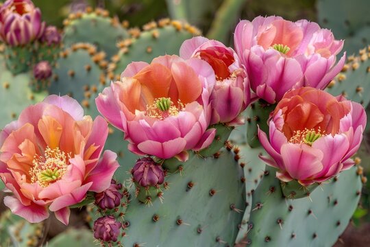 A close-up image of a prickly pear cactus flower in bloom.