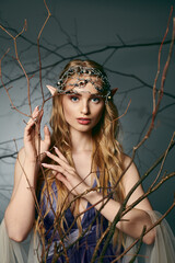 A young woman in a blue dress wearing a crown, embodying the essence of a fairy princess in a fantasy world.