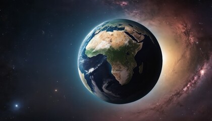 A digital render of Earth in space, showcasing Africa and Europe against a backdrop of stars and nebulae