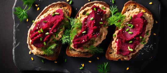 Beet hummus and green onions on bread slices - obrazy, fototapety, plakaty