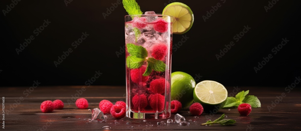 Poster glass of fresh raspberry mojito garnished with lime and mint