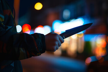 Teenager hand holding knife urban nighttime background: knife crime, child gangs, Street life.