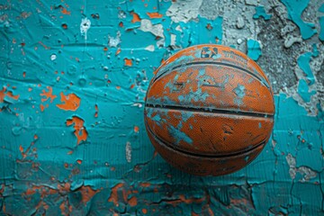 Obraz na płótnie Canvas An old basketball rests on a vivid blue, cracked paint basketball court, symbolizing neglect