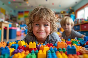 Happy young boy lying on floor with colorful building blocks in a playroom