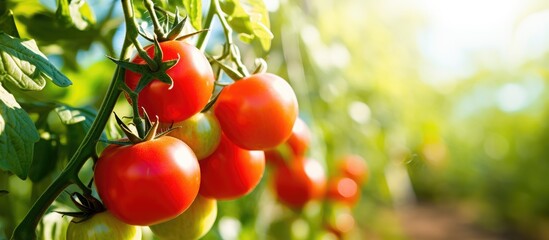 Organic greenhouse tomatoes on vine - obrazy, fototapety, plakaty