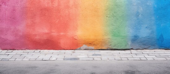 Rainbow wall with brick sidewalk