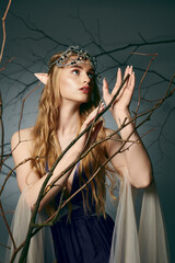 A young woman in a stunning blue dress adorned with a crown, embodying the essence of a fairy princess in a studio setting.