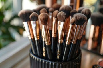 Fototapeta premium An elegant assortment of makeup brushes organized neatly, highlighting the uniformity and professional tools