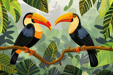 Fototapeta premium Two toucans perched on tree branches, with colorful beaks and feathers