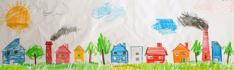 Child'd drawing houses, clouds, trees, grass, concept, housing market, first time buyers.