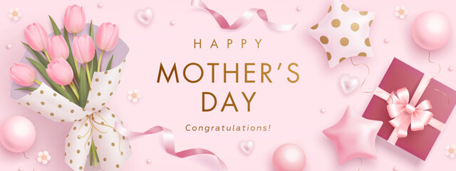 Mothers day horizontal billboard or web banner with realistic 3d pink tulips, gift box and golden text on pink background. Floral festive elegant wallpaper. Vector illustration