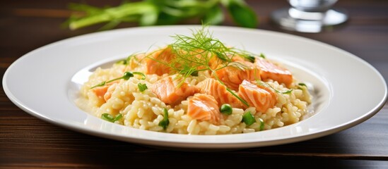 Plate of salmon and rice dish - obrazy, fototapety, plakaty