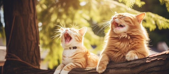 Two felines perched on a wooden branch displaying open mouths