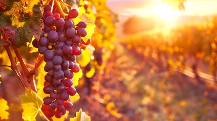 Sunset Vineyard: Ripe Grapes Ready for the Harvest. A Vibrant, Organic Scenery Perfect for Wine Lovers. Nature's Bounty under Warm Sunlight. AI - obrazy, fototapety, plakaty