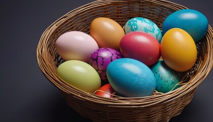 Obraz na płótnie Canvas A basket overflows with richly decorated Easter eggs featuring intricate patterns in vivid hues against a dark setting