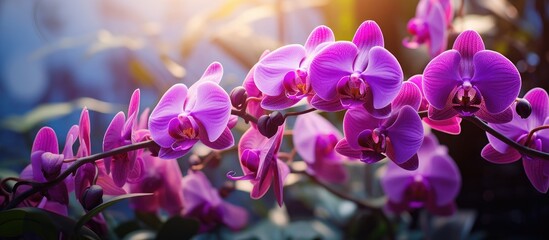 Purple orchids bloom in a sunlit garden