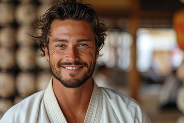 Obraz premium Happy bearded man in a kimono with a friendly and welcoming expression inside a dojo