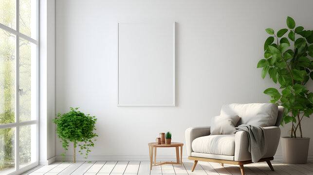 Fototapeta Modern living room interior in scandinavian style, modern interior, blank white frame on the wall of living room