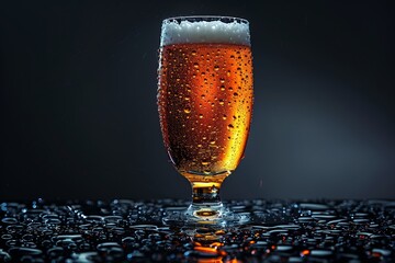 A single droplet forms on the surface of a cold glass of frothy beer.