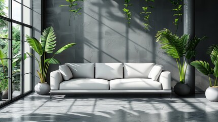 Living room interior, minimalist style, straight sofa in the center of the room, in pastel gray tones, with bright accents in the interior, maximum realism, high quality, 8k, isolated edges