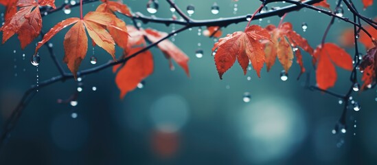 Water droplets on tree leaves during rainfall