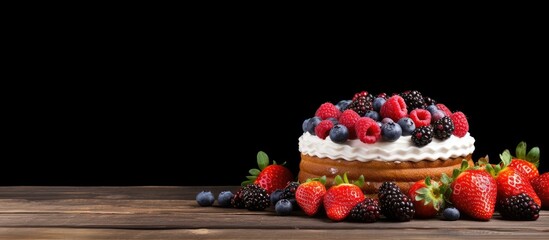 Cake with Fresh Berries on Wood Table