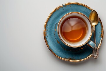 Vintage porcelain tea cup with a black tea beverage on a white table, evoking classic elegance.