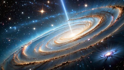 A digitally created vast galaxy with spiral arms radiating around a luminous core, surrounded by stellar nurseries and celestial events.. AI Generation