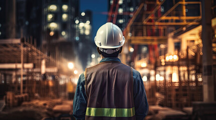 Obraz premium A builder in a hard hat and vest at a construction site in the night city.