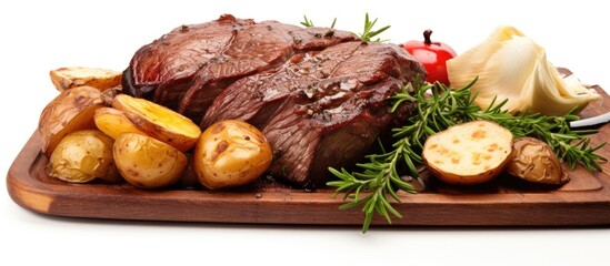 Sliced grilled steak and potatoes on wooden board