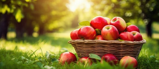 Apples in basket on green field