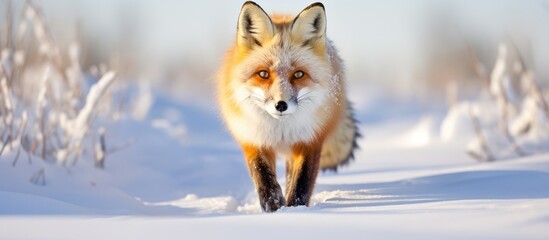 Fox walking snow woods