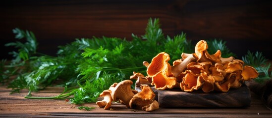 Mushrooms Cluster on Wooden Table - obrazy, fototapety, plakaty