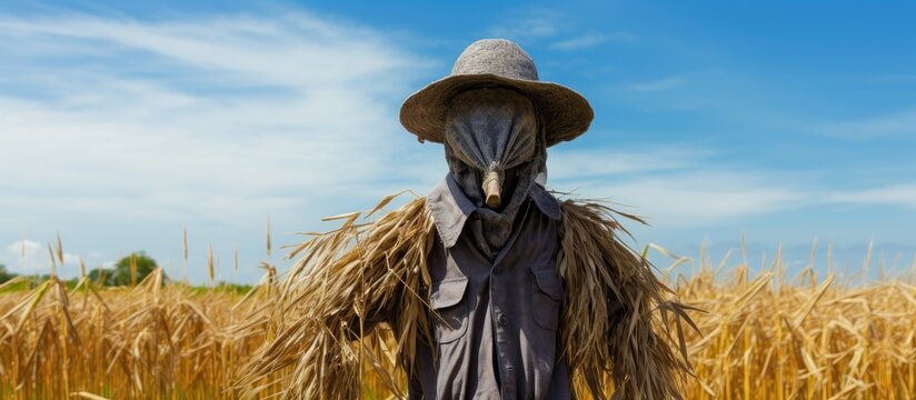 Scarecrow in straw hat in golden wheat field