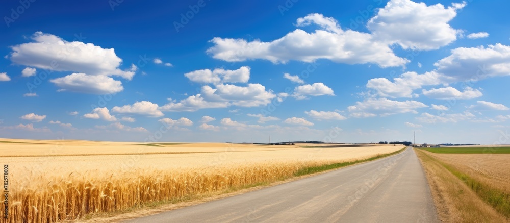 Poster Dirt road with wheat field in the backdrop