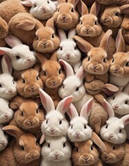 A bountiful crowd of lifelike rabbits tightly packed, showcasing a mix of white and brown fur textures.