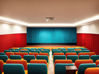 Fototapeta premium An empty movie theater with red and blue seats and a blue curtain on the stage.